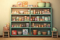 Shelf pantry food arrangement. 