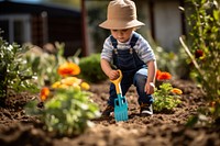 Garden child gardening outdoors. 