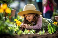 Garden child gardening outdoors. 