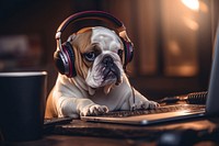 Headphones dog computer bulldog. 