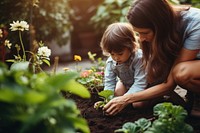 Gardening outdoors bonding nature. 