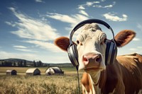 Cow headphones livestock outdoors. 