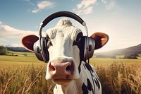 Cow headphones livestock outdoors. 