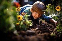 Garden child gardening outdoors. 