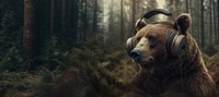 Grizzly bear wearing headphones. AI generated Image by rawpixel.