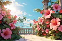 Architecture outdoors hibiscus flower. AI generated Image by rawpixel.