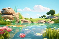 Pond landscape outdoors cartoon. 