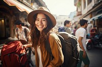 Bag tourist smiling adult. 