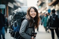 Bag backpack smiling tourist. 