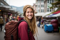 Backpack tourist smiling camera. 