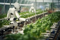 photo of white robotic harvest vegetables in smart farming, day light