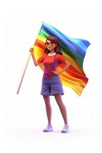 Holding rainbow women flag. 