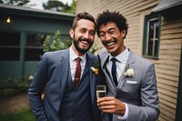 Outdoors laughing portrait wedding. 