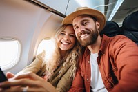 Selfie airplane adult happy. 