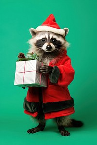 Raccoon christmas portrait holding. 