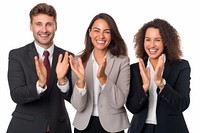 Clapping adult woman white background. 