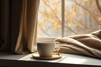 Cup windowsill morning coffee. 