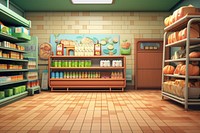 Supermarket cartoon shelf room. 