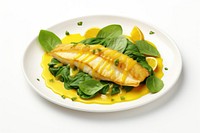 Fried cod plate spinach food. AI generated Image by rawpixel.