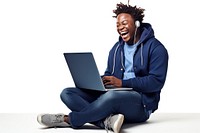 Happy young IT chubby African man computer sitting laptop. AI generated Image by rawpixel.