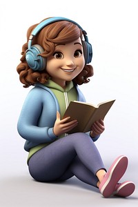 Headphones reading cartoon book. 