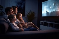 Family watching movie together. 