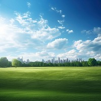 Park landscape, outdoors blue sky. 