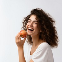 Laughing women apple food. 