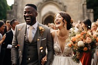 Laughing bride outdoors wedding. 