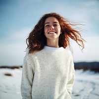 Sweater laughing portrait outdoors. 