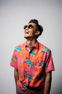 Sunglasses laughing looking white background. 