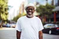 Standing outdoors portrait glasses. 