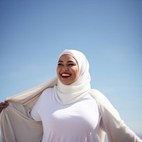 Outdoors smiling scarf smile. 