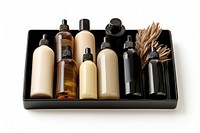 Cosmetics bottle tray white background. AI generated Image by rawpixel.