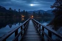 Bridge night lake moon. AI generated Image by rawpixel.