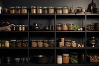 Pantry kitchen shelf arrangement. 