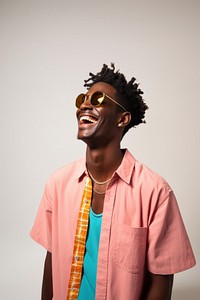 Sunglasses laughing looking white background. 