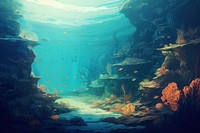 Underwater sea outdoors aquarium, digital paint illustration. 