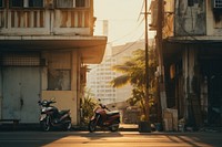 Architecture motorcycle building sunlight.