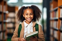 Smiling reading holding library. 