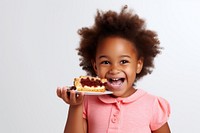 Eating child food cake. 