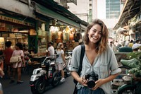 Portrait camera smiling holding. 