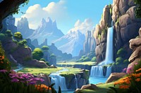 Waterfall nature landscape mountain. AI generated Image by rawpixel.