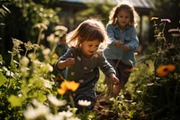 Garden child gardening outdoors. 