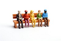 Figurine sitting bench white background. AI generated Image by rawpixel.