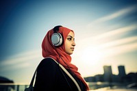 Headphones portrait outdoors adult. 