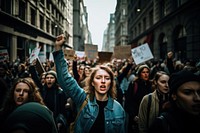 People protesting in the street. 