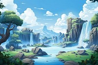 Waterfall landscape outdoors cartoon. 