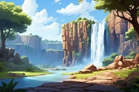 Waterfall landscape outdoors cartoon. 