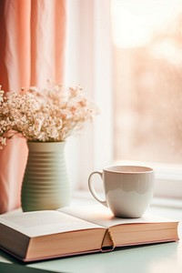 Book mug publication windowsill. 